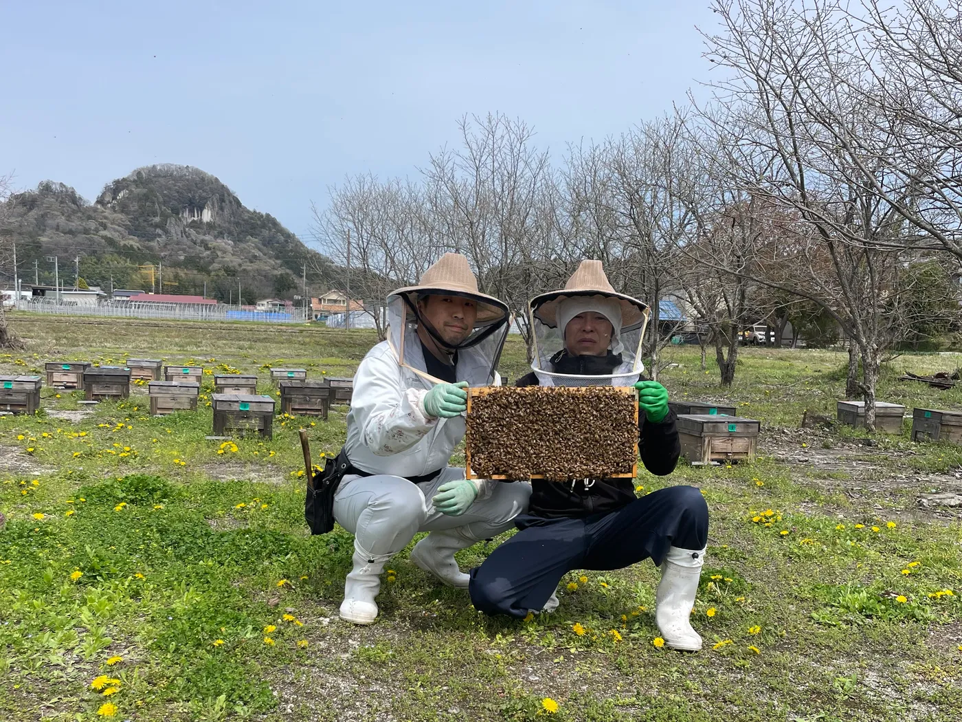 巣箱の前に並ぶ2人の養蜂家